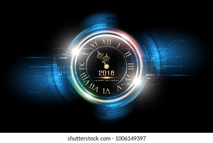 2018 New Year and gold clock with technology abstract background