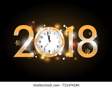 2018 new year gold letters with clock on black background