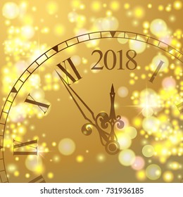 2018 New Year Gold shining background with clock. Blured colored flare banner with watch and fireworks. Vector illustration.