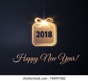 2018 New year golden frame in shape of present box with glittering particles holiday background. Vector EPS10.