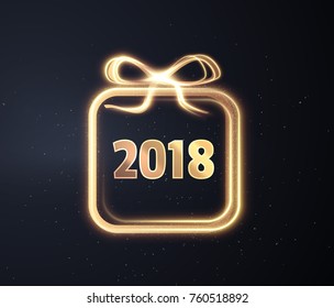 2018 New year golden frame in shape of present box. Vector EPS10.