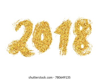 2018 New Year. Golden lettering with bright sparkles on white background. Vector