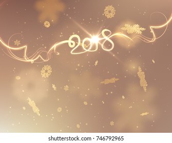 2018 New year golden light written text background with falling snow. Vector EPS10.