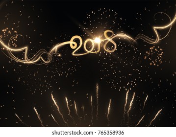 2018 New year golden light written text background with holiday firework explosions. Vector EPS10.