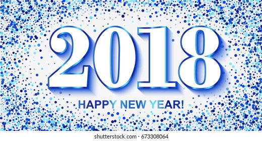 2018 New Year Greeting Card with numbers and scattered blue circles on white background. Merry Christmas invitation, poster design. Vector Illustration