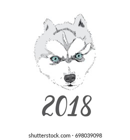 2018 New Year greeting card. Vector illustration of Dog isolated on white background. Hand drawn portrait of Siberian Husky Puppy with blue eyes and cute fluffy face.