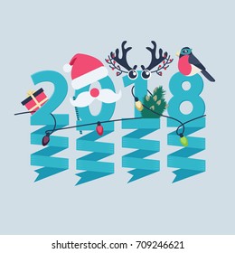 2018 New Year greeting card design with party streamers hanging from blue numerals decorated with Christmas lights, a gift, robin, tree and antlers