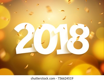 2018 new year greeting card confetti gold number. Holiday christmas decoration 2018. New year banner card design with confetti.