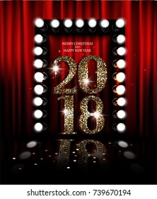 2018 new year greeting card WITH THEATER CURTAINS AND VINTAGE LIGHT FRAME. VECTOR ILLUSTRATION