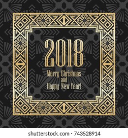 2018 New Year greeting card in art deco golden style. Template for design. Vector illustration eps10