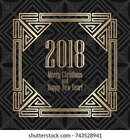 2018 New Year greeting card in art deco golden style. Template for design. Vector illustration eps10