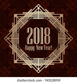 2018 New Year greeting card in art deco golden style. Template for design. Vector illustration eps10