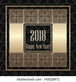 2018 New Year greeting card in art deco golden style. Template for design. Vector illustration eps10