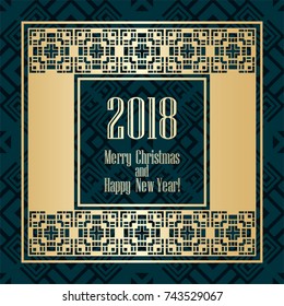 2018 New Year greeting card in art deco golden style. Template for design. Vector illustration eps10