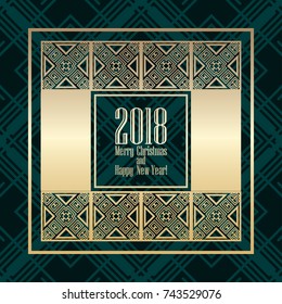 2018 New Year greeting card in art deco golden style. Template for design. Vector illustration eps10