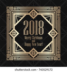 2018 New Year greeting card in art deco golden style. Template for design. Vector illustration eps10