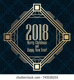 2018 New Year greeting card in art deco golden style. Template for design. Vector illustration eps10