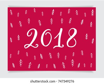 2018 New Year greeting card, lettering and hand-drawn pattern with x-mas tree in scandinavian design style on a red background. Vector illustration.