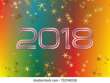 2018 New Year greeting card template on colorful blended background with glittering stars.