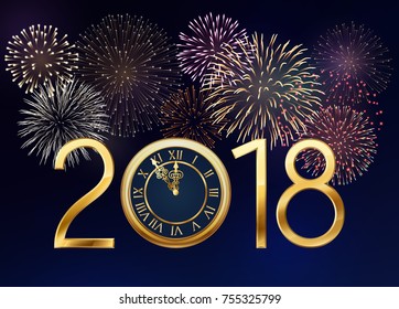 2018 New Year greeting card with golden clock  and fireworks. EPS 10 contains transparency.