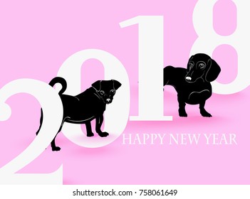 2018 New Year greeting card with Silhouettes of dogs. Vector illustration