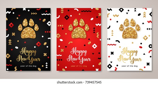 2018 New Year greeting with shining gold dog paw print. Vector illustration.