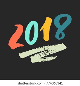 2018 - New Year hand drawn lettering. Modern ink calligraphy. Handwritten colorful Number isolated on dark background. Trendy vector design element for decor, cards and posters