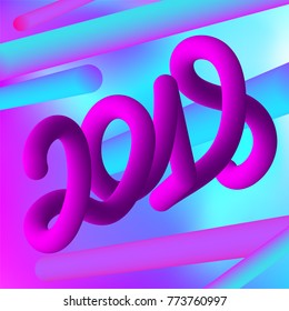 2018 New Year Handwritten Numbers in 3d Style. Vector Illustration in Violet and Pink Colors