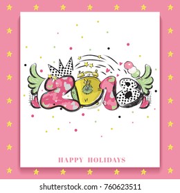 2018 New Year happy holidays slogan with acrylic paint design element for flyers, leaflets, postcards and posters. Vector illustration.