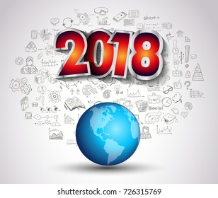 2018 New Year Infographic and Business Plan Background with hand drawn sketch graphics.