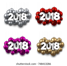 2018 New Year isolated signs with Christmas balls. Vector illustration.