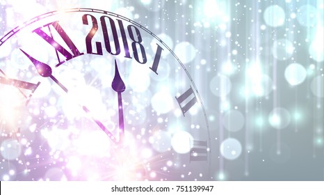 2018 New Year lilac shining banner with clock. Vector illustration.