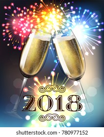 2018 New Year Midnight shining background with toasting champagne glasses with fireworks background. Blur flare banner with two glass. Vector stock illustration.