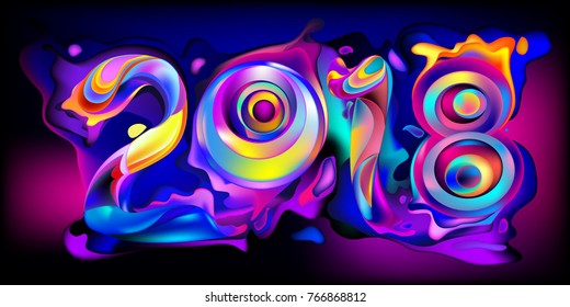 2018 New Year on the background of a colorful liquid acrylic paint vector design element for presentations, flyers, leaflets, postcards and posters. 