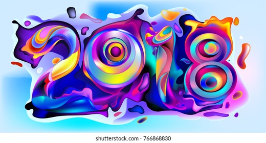 2018 New Year on the background of a colorful liquid acrylic paint vector design element for presentations, flyers, leaflets, postcards and posters. 