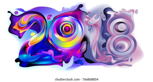 2018 New Year on the background of a colorful liquid acrylic paint vector design element for presentations, flyers, leaflets, postcards and posters. 