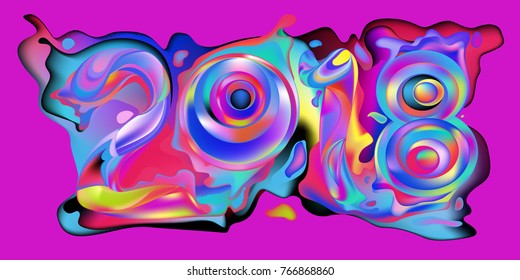 2018 New Year on the background of a colorful liquid acrylic paint vector design element for presentations, flyers, leaflets, postcards and posters. 