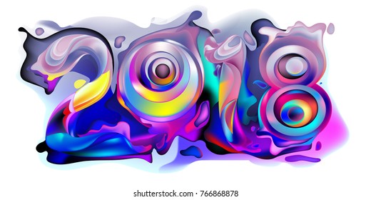 2018 New Year on the background of a colorful liquid acrylic paint vector design element for presentations, flyers, leaflets, postcards and posters. 
