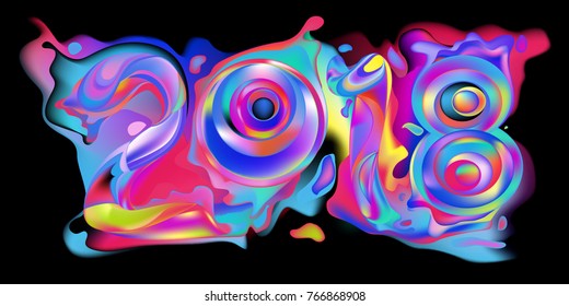 2018 New Year on the background of a colorful liquid acrylic paint vector design element for presentations, flyers, leaflets, postcards and posters. 