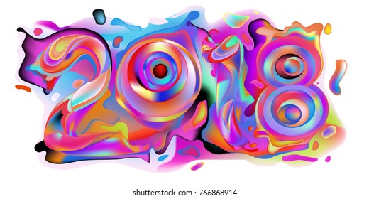 2018 New Year on the background of a colorful liquid acrylic paint vector design element for presentations, flyers, leaflets, postcards and posters. 