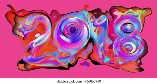 2018 New Year on the background of a colorful liquid acrylic paint vector design element for presentations, flyers, leaflets, postcards and posters. 