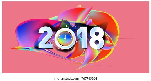 2018 New Year on the background of a colorful acrylic paint 3d design element for presentations, flyers, leaflets, postcards and posters. Vector illustration EPS10