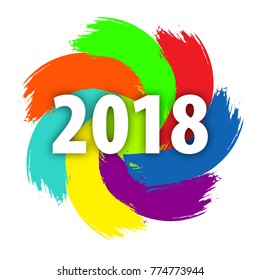 2018 New Year on the background of a colorful hand drawn brushstroke paint design element for presentations, flyers, leaflets, postcards and posters. Vector illustration EPS10