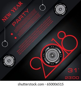 2018 new year party invitation with audio speakers on abstract black background. Vector template design for invitation, poster, brochure, card