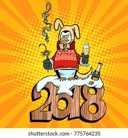 2018 new year, penguin suit yellow earth dog. Champagne and sparklers. Comic book cartoon pop art retro vector illustration drawing