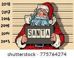 2018 new year, photo funny Santa Claus under arrest. Criminal party. Comic book cartoon pop art retro vector illustration drawing