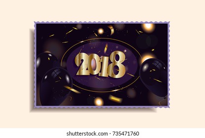 2018 New Year postcard with black balloons and defocused golden confetti isolated on dark sparkle background.Vector illustration.