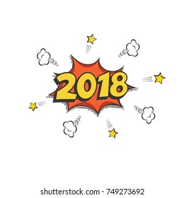 2018 New Year postcard or greeting card element. Vector 2018 New Year retro design in comic book style.