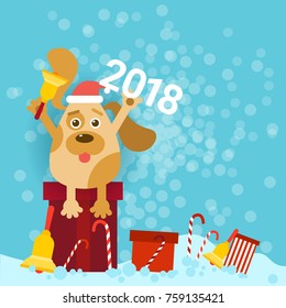 2018 New Year Poster With Dog Holding Bell And Wearing Santa Hat Sit On Gifts Vector Illustration