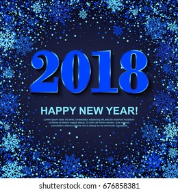 2018 New Year Poster with shimmer numbers, scattered blue snowflakes and circles on black background. Merry Christmas invitation, greeting card design. Vector Illustration